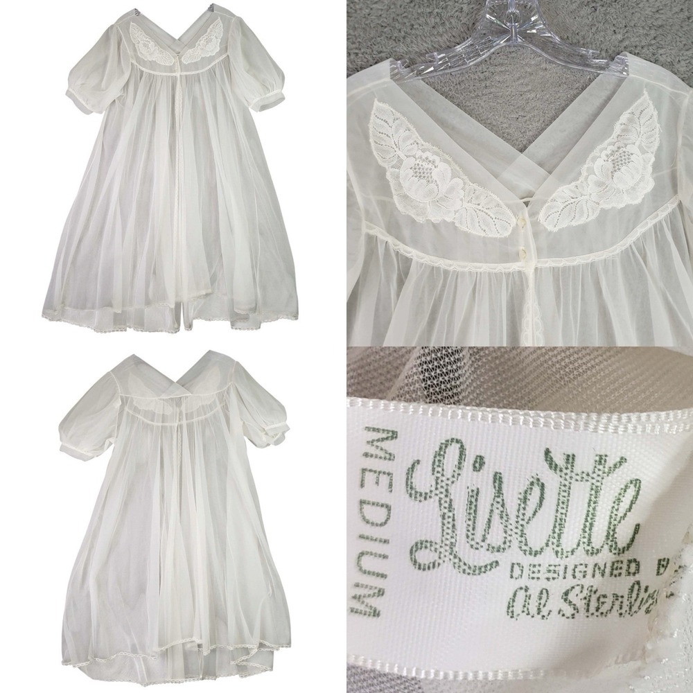 Vtg Lisette Robe White Sheer Lace Trim Babydoll Peignor Bridal Size Medium M